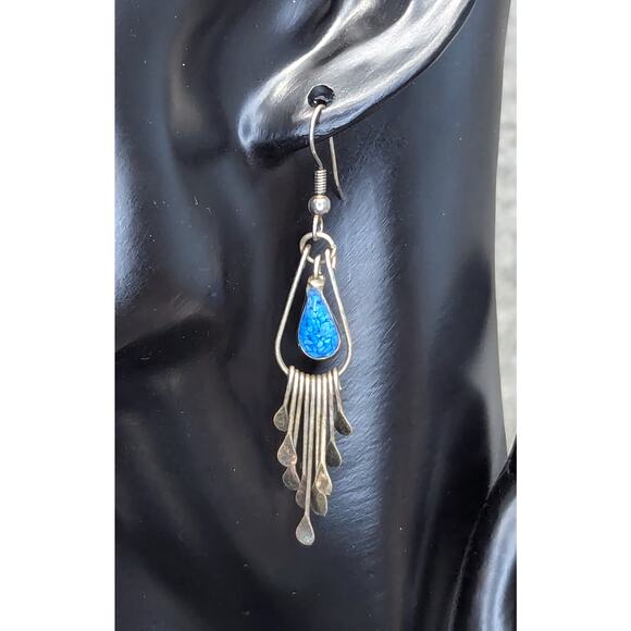 Vintage Blue Earrings, Silver-tone, Dangle, Metal Fringe, 2" - Picture 1 of 4